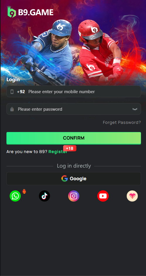 b9 app login screen with +92 mobile number, password field and Google sign-in