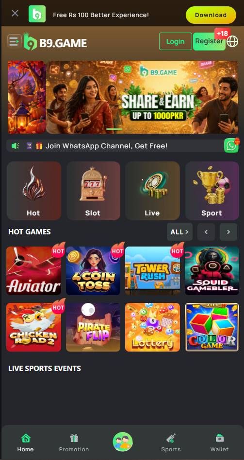 b9 app hot games lobby with trending titles and category shortcuts
