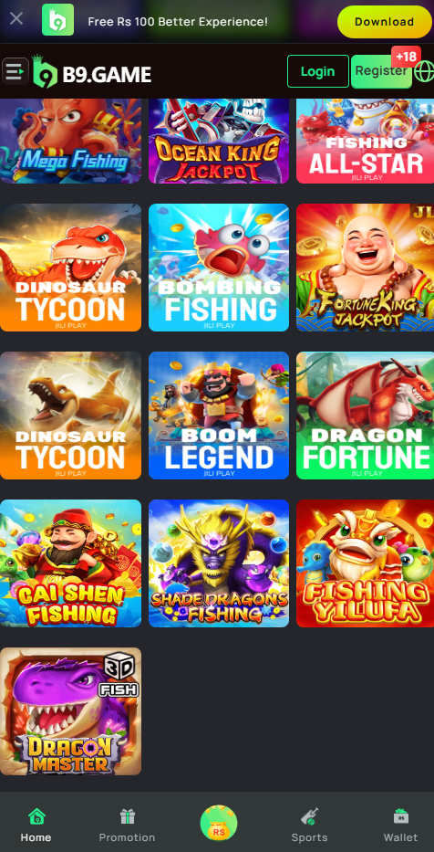 b9 app full game library grid showing many slot and arcade titles